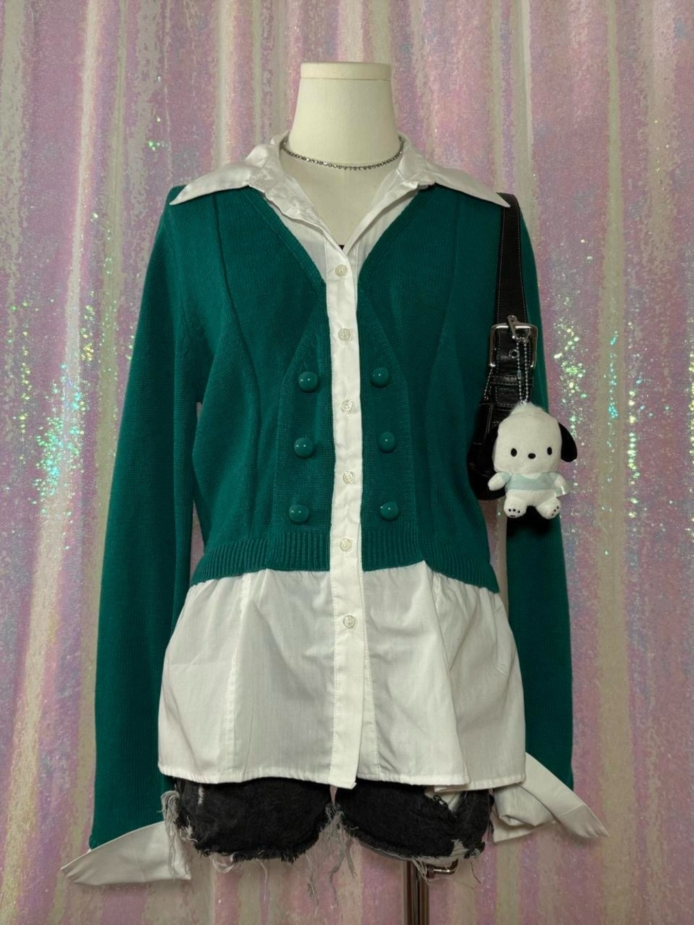 Chadwick's Green-Blue Cardigan Top w/ Built-In White Dress Shirt ★彡